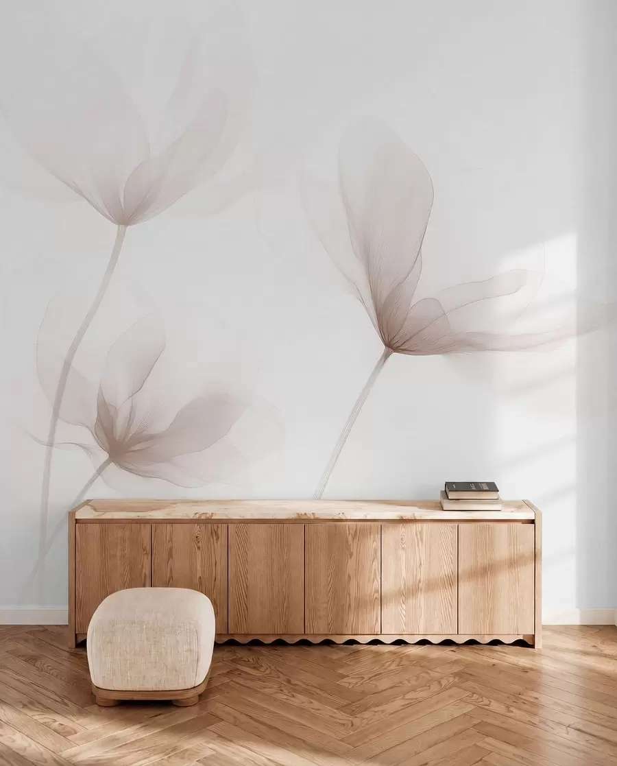 Papier peint Fleurs beiges aériennes dans un style minimaliste et lumineux w09734