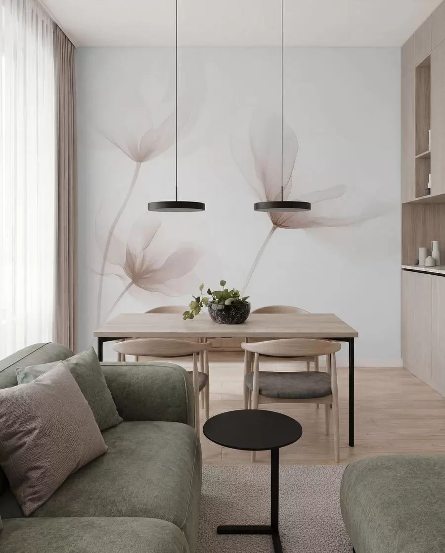 Papier peint Fleurs beiges aériennes dans un style minimaliste et lumineux w09734