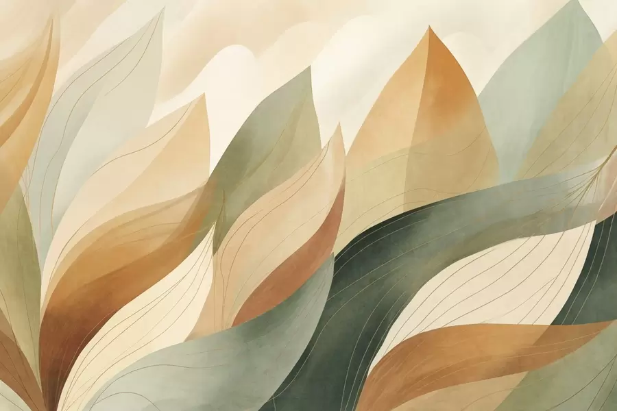 Papier peint Feuilles abstraites, tons terreux discrets de vert et d'orange avec des détails délicats, texture douce de l'aquarelle. w09736