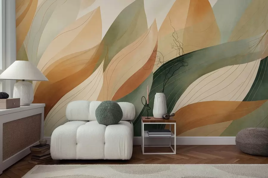 Papier peint Feuilles abstraites, tons terreux discrets de vert et d'orange avec des détails délicats, texture douce de l'aquarelle. w09736