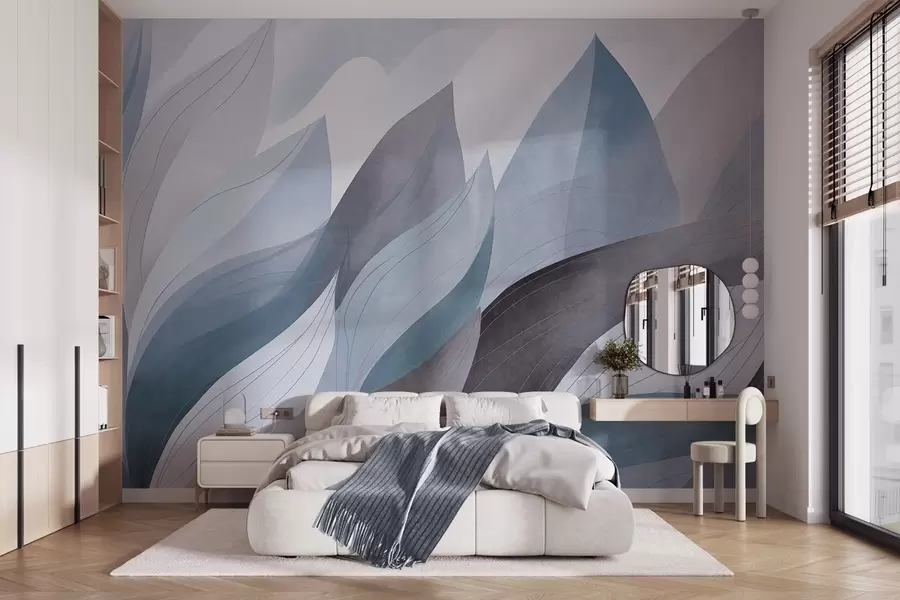 Papier peint Feuilles abstraites, tons terreux discrets de bleu avec des détails aux lignes délicates, texture douce de l'aquarelle. w09736v1