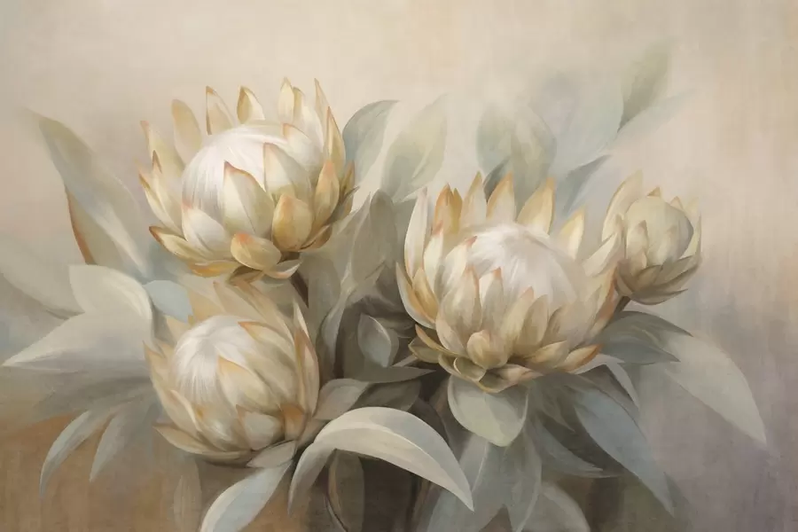 Papier peint Fleurs de protéa texturées avec des feuilles vertes et un arrière-plan doux et flou w09738