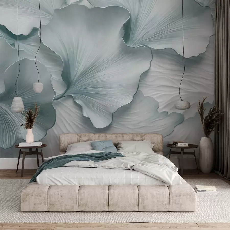 Papier peint Pétales de feuilles de ginkgo texturées, bleues et blanches, avec un imprimé organique délicat w09741v1