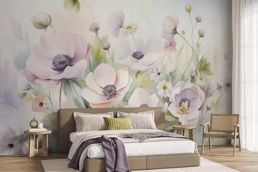 Papier peint Un champ d'anémones roses pastel et blanches, de feuillage vert et de petites marguerites blanches. w09742