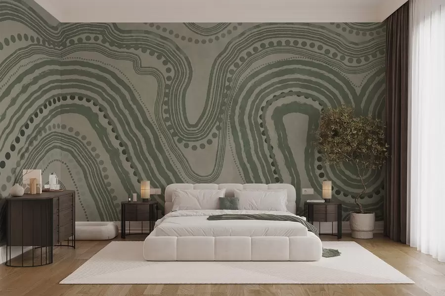 Papier peint Lignes ondulées et points abstraits verts et beiges, art moderne texturé w09747