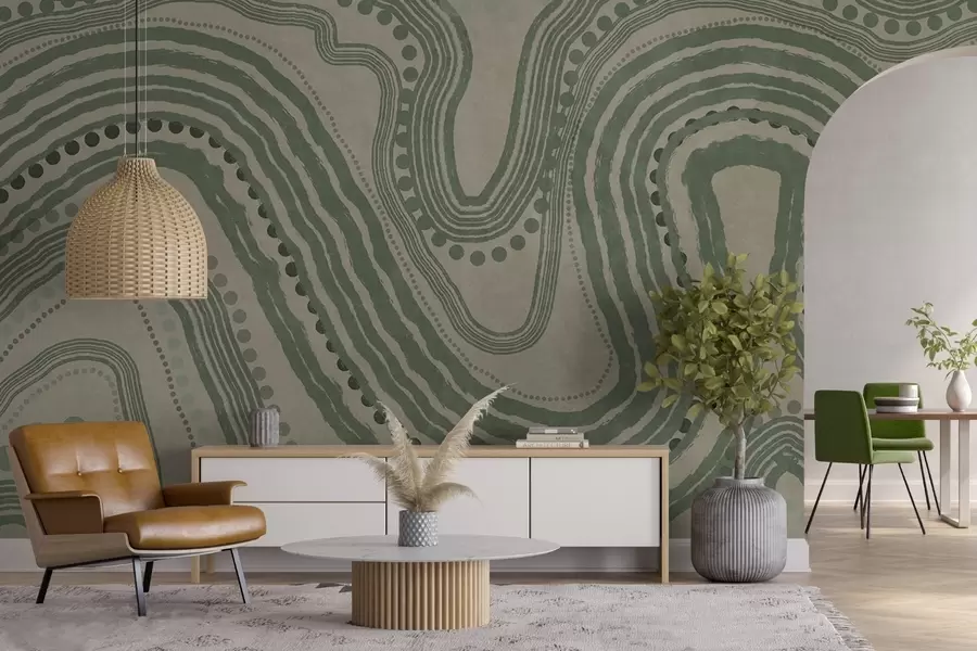 Papier peint Lignes ondulées et points abstraits verts et beiges, art moderne texturé w09747