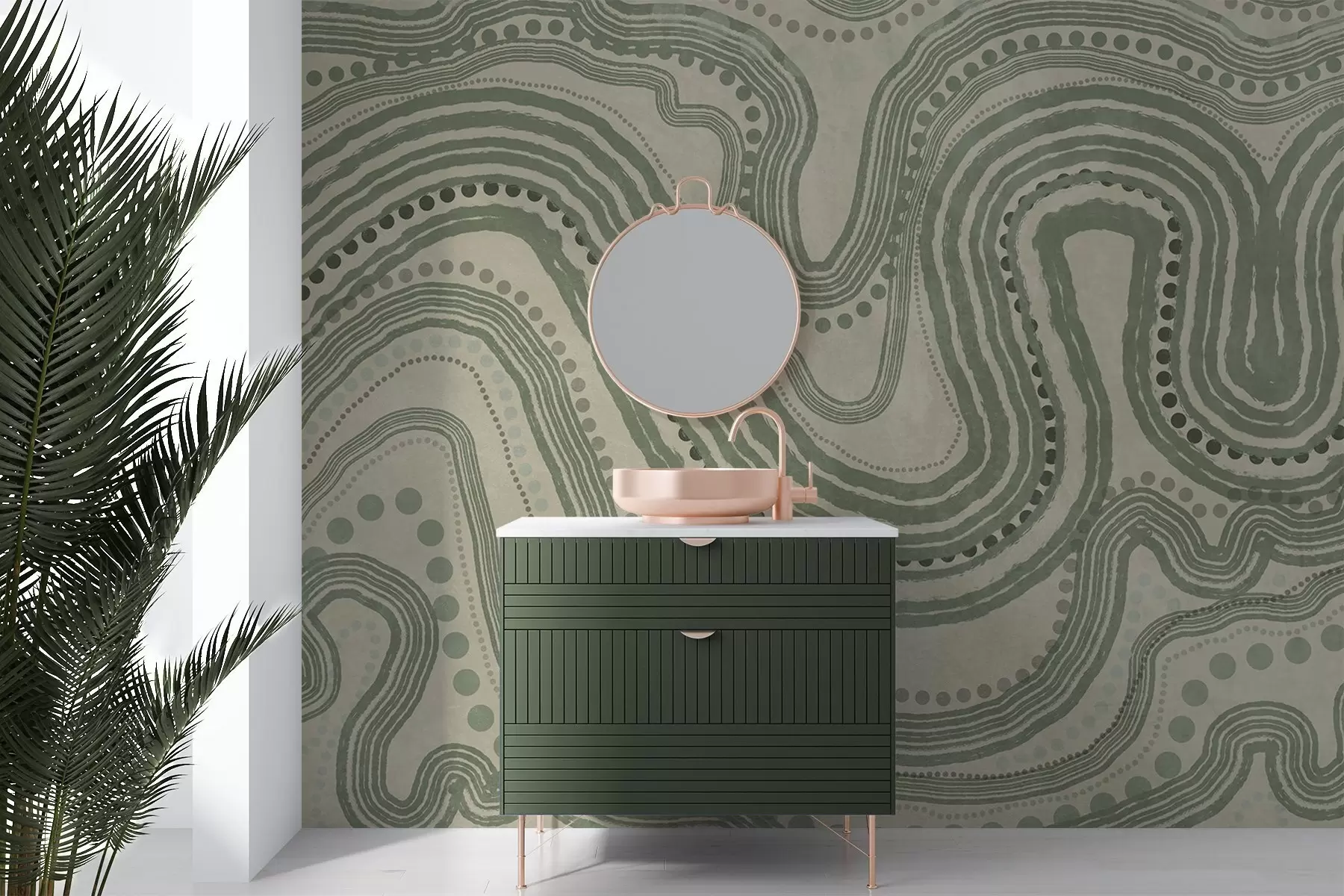 Papier peint Lignes ondulées et points abstraits verts et beiges, art moderne texturé w09747