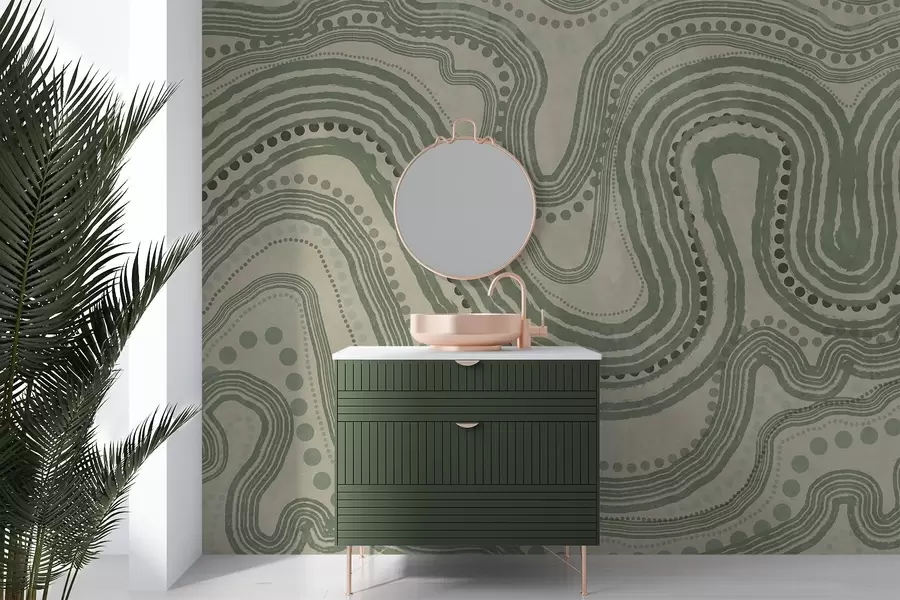Papier peint Lignes ondulées et points abstraits verts et beiges, art moderne texturé w09747