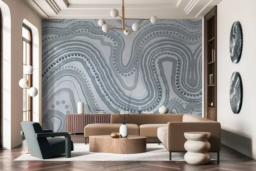 Papier peint Lignes ondulées et points bleus abstraits, art moderne texturé w09747v3