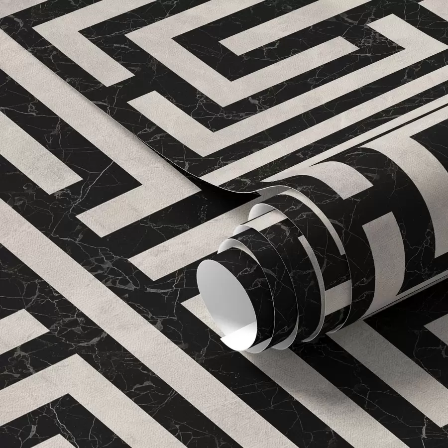 Papier peint Motif géométrique noir et blanc en forme de labyrinthe a01073