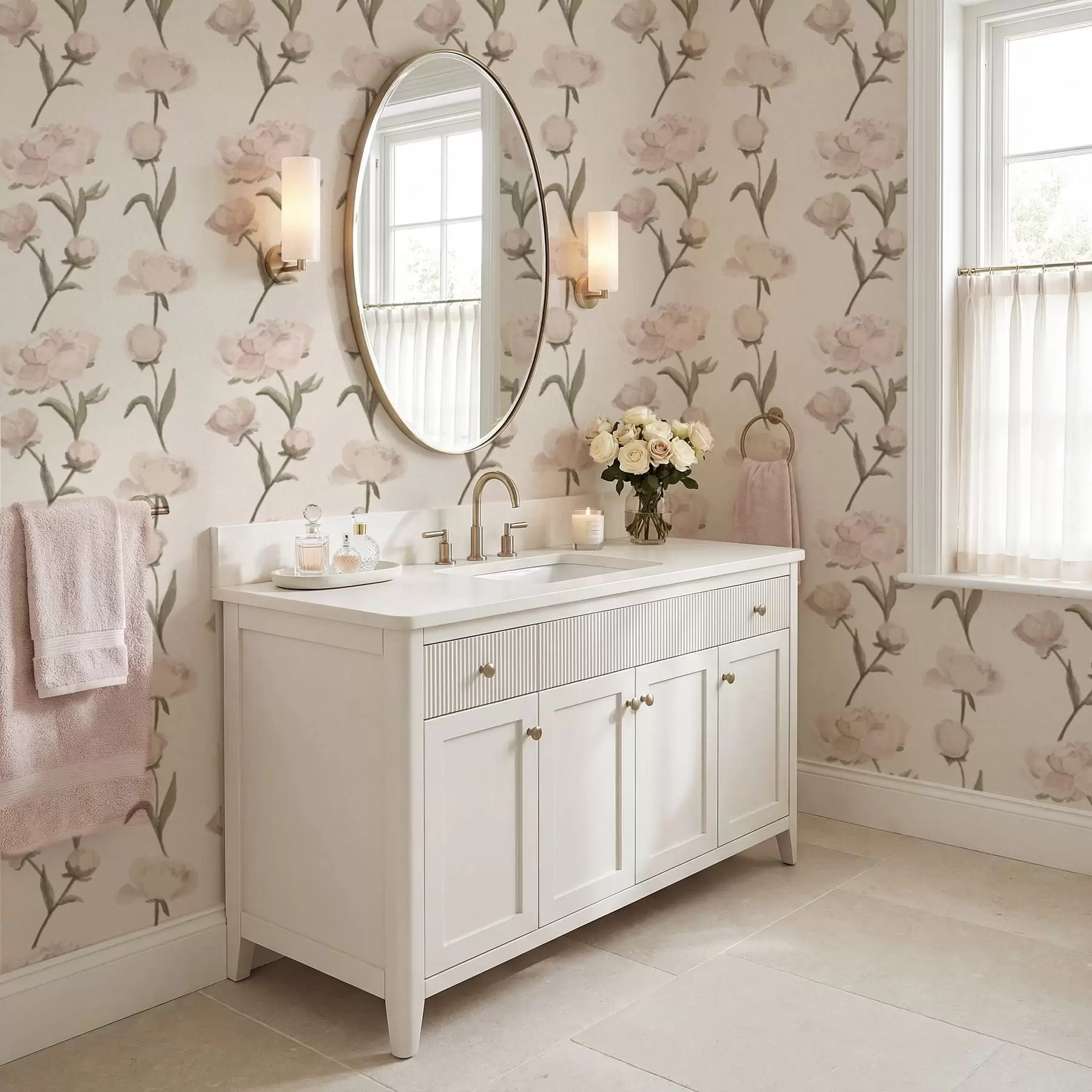 Papier peint Pivoines rose pâle sur fond clair a01114