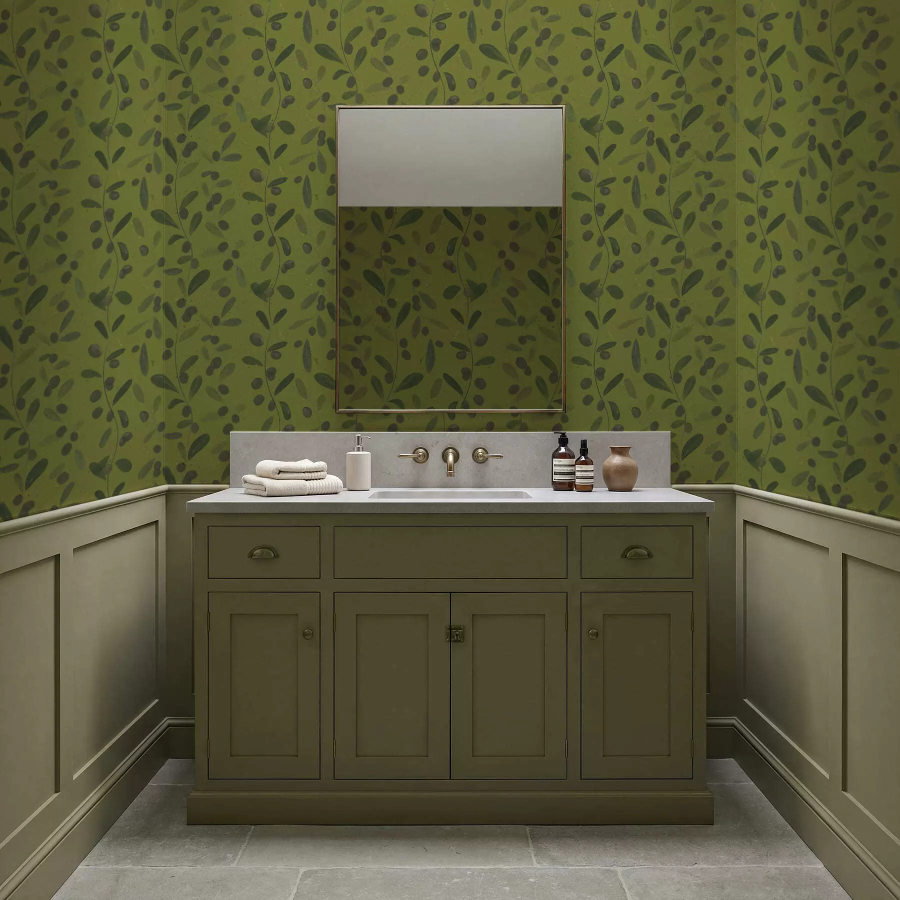 Papier peint Branches vertes avec feuilles et baies sur olivier a01113