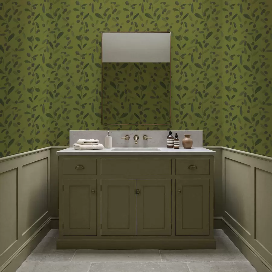 Papier peint Branches vertes avec feuilles et baies sur olivier a01113