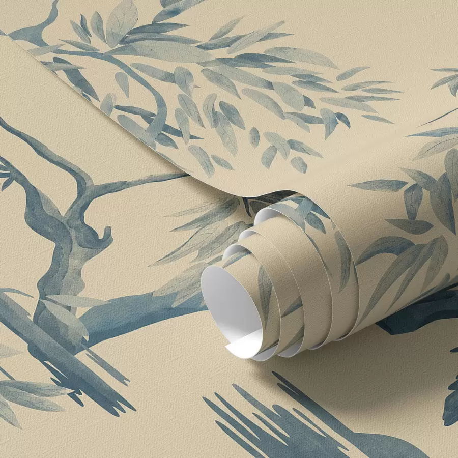 Papier peint Oiseaux sur une branche dans des tons bleus a01116