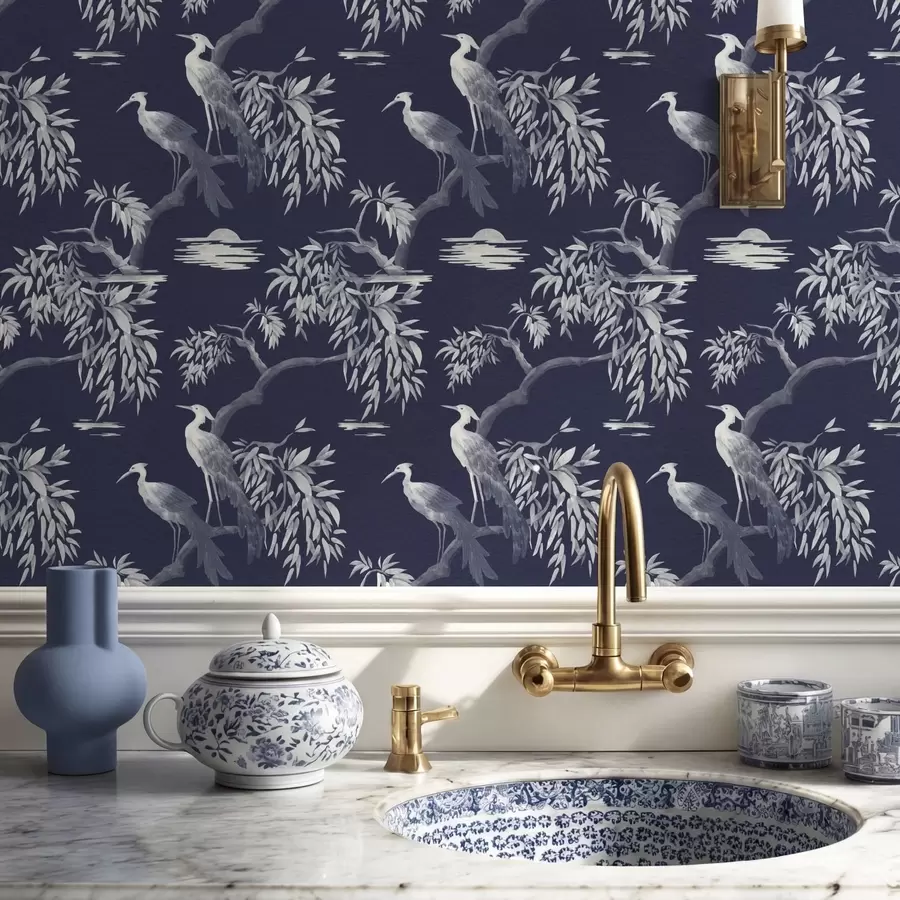 Papier peint Oiseaux sur une branche sur fond bleu foncé a01116v1