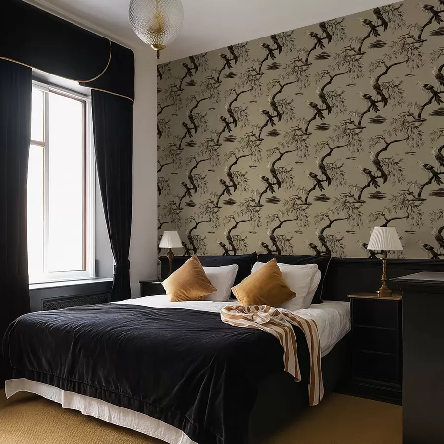 Papier peint Oiseaux sur une branche dans des tons monochromes a01116v2