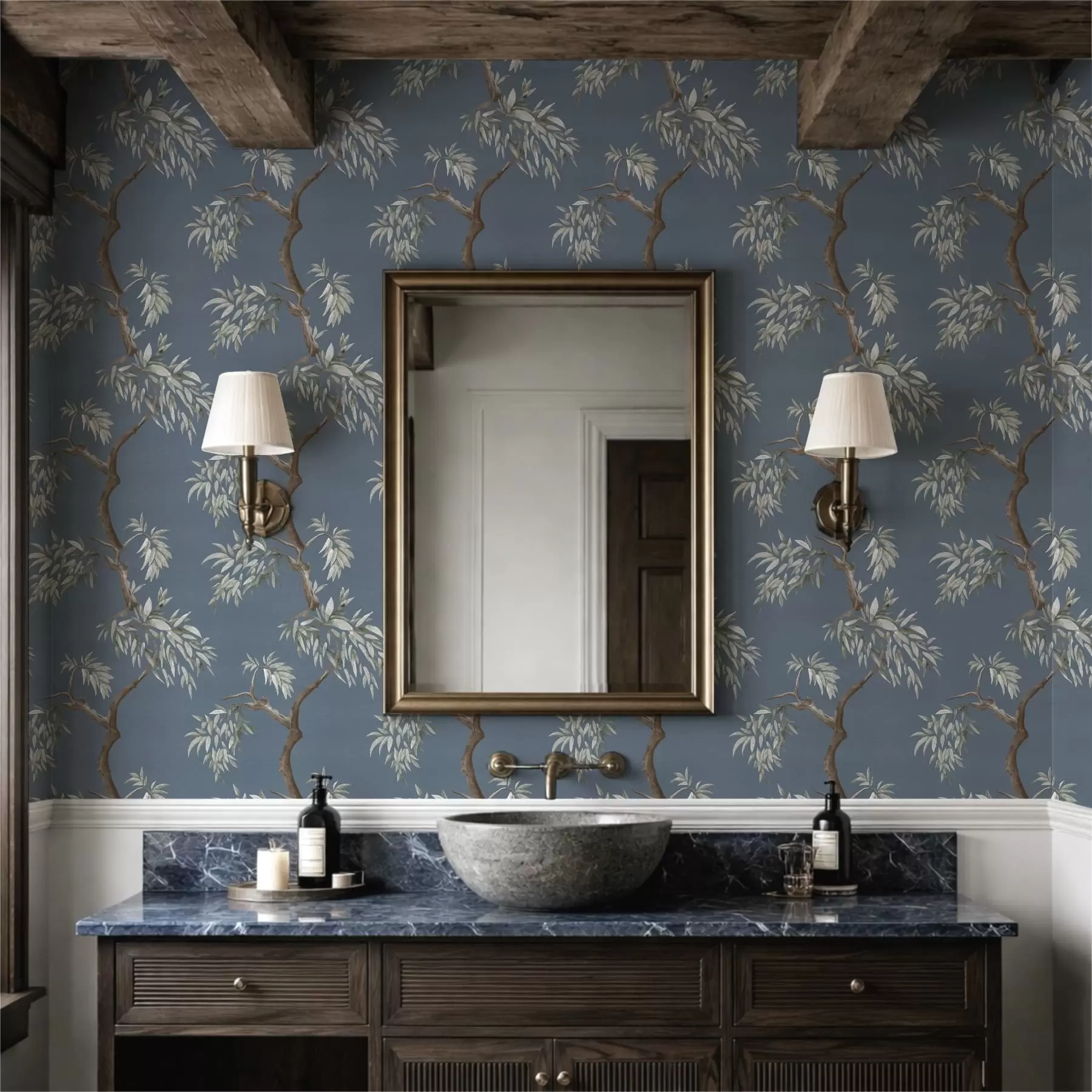 Papier peint Branche d'arbre avec feuilles sur fond bleu a01117