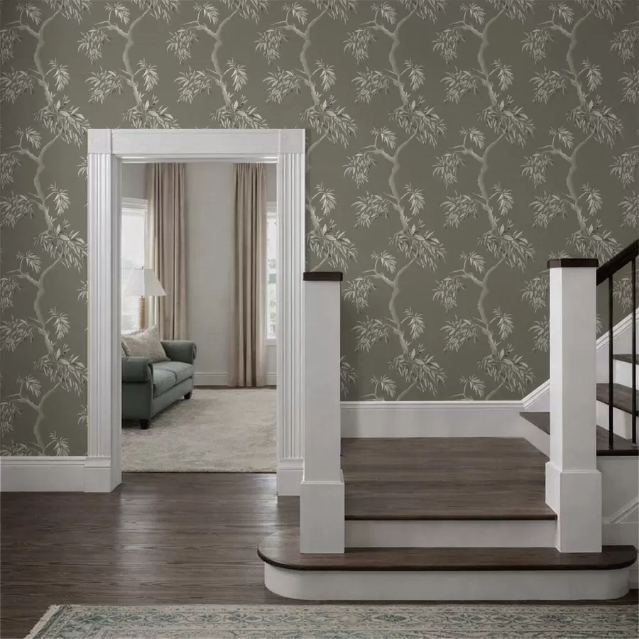 Papier peint Branche légère avec des feuilles sur fond olive a01117v1