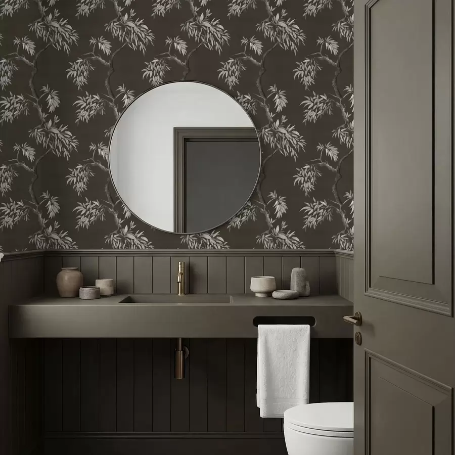 Papier peint Branche monochrome avec feuilles sur fond sombre a01117v2