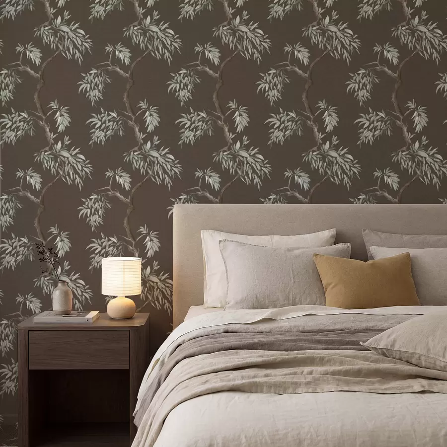 Papier peint Branche d'arbre avec feuilles sur fond marron a01117v3