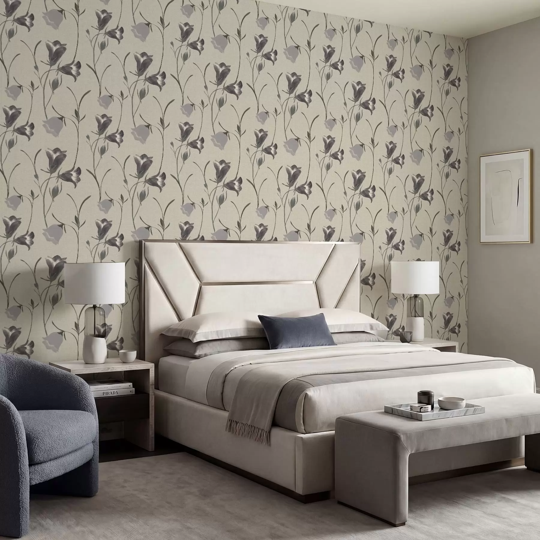 Papier peint Fleurs grises en forme de clochettes sur fond beige clair a01119