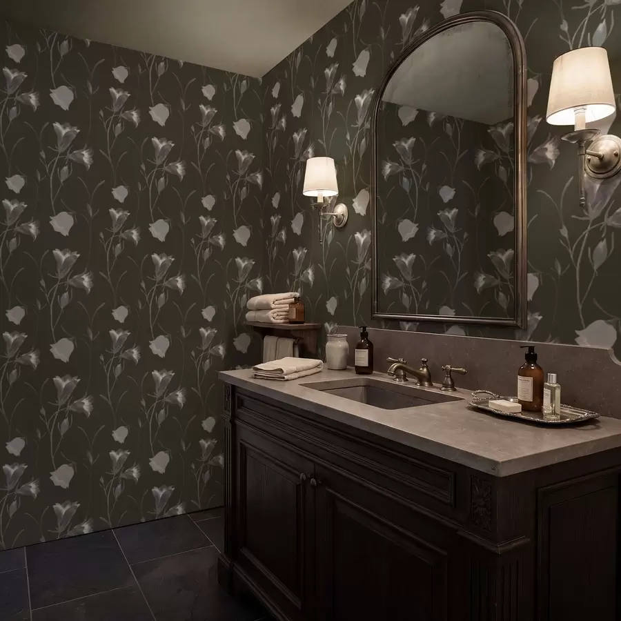 Papier peint Fleurs grises en forme de clochettes sur fond sombre a01119v1