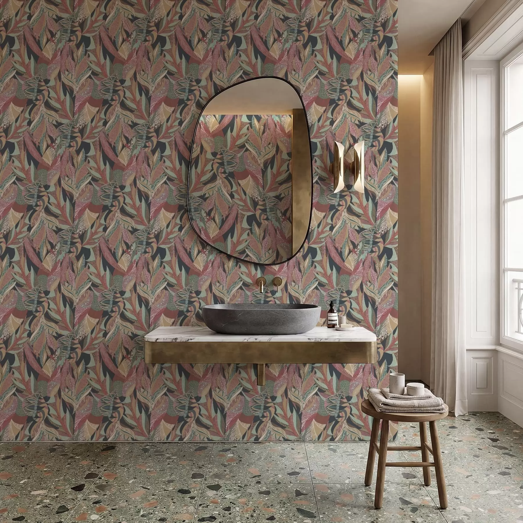 Papier peint Feuilles aux motifs colorés sur fond sombre a01120