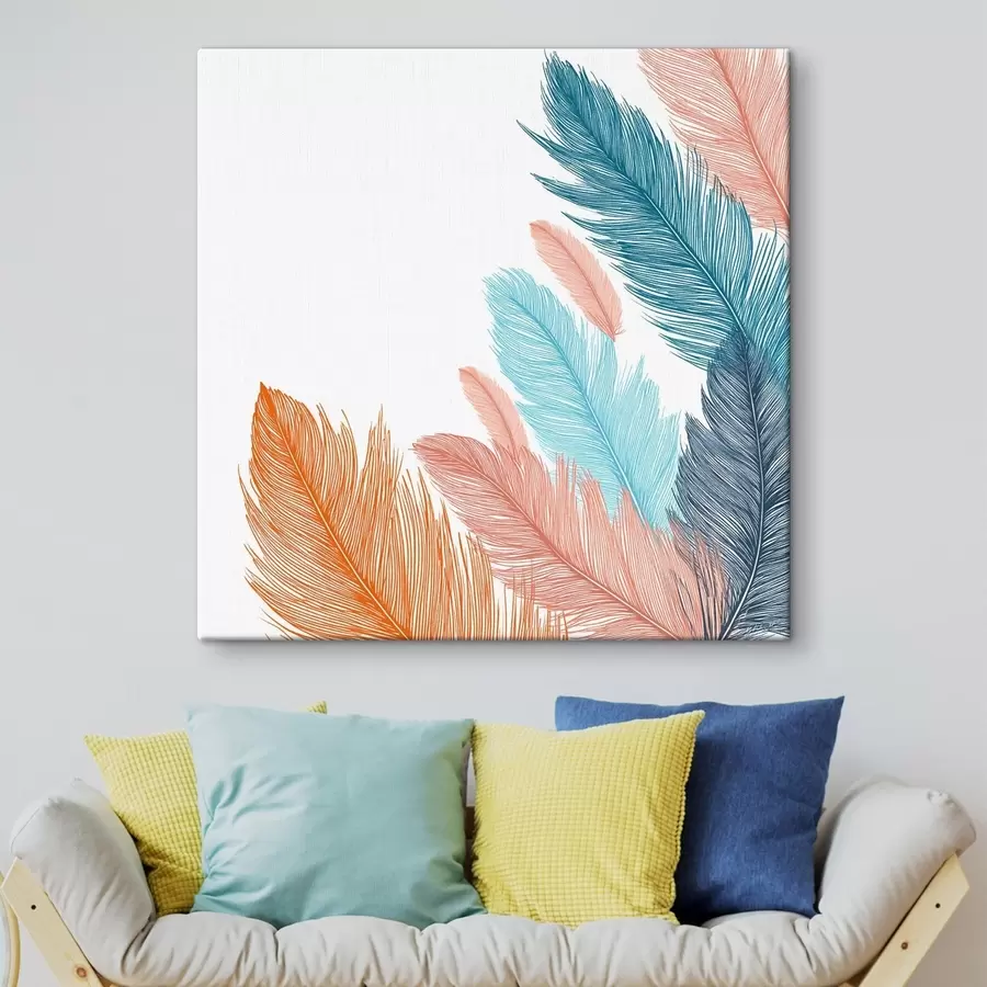 Tableau Plumes multicolores sur fond blanc s48003