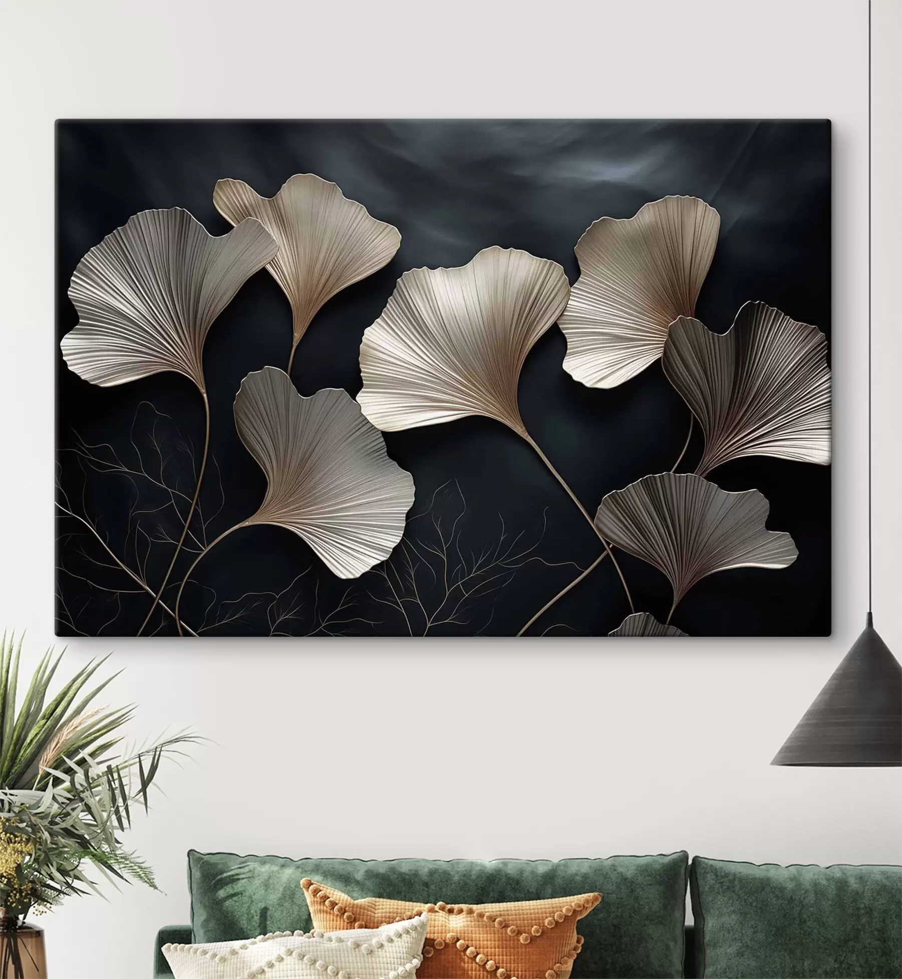 Tableau Feuilles de ginkgo sur fond sombre s48008