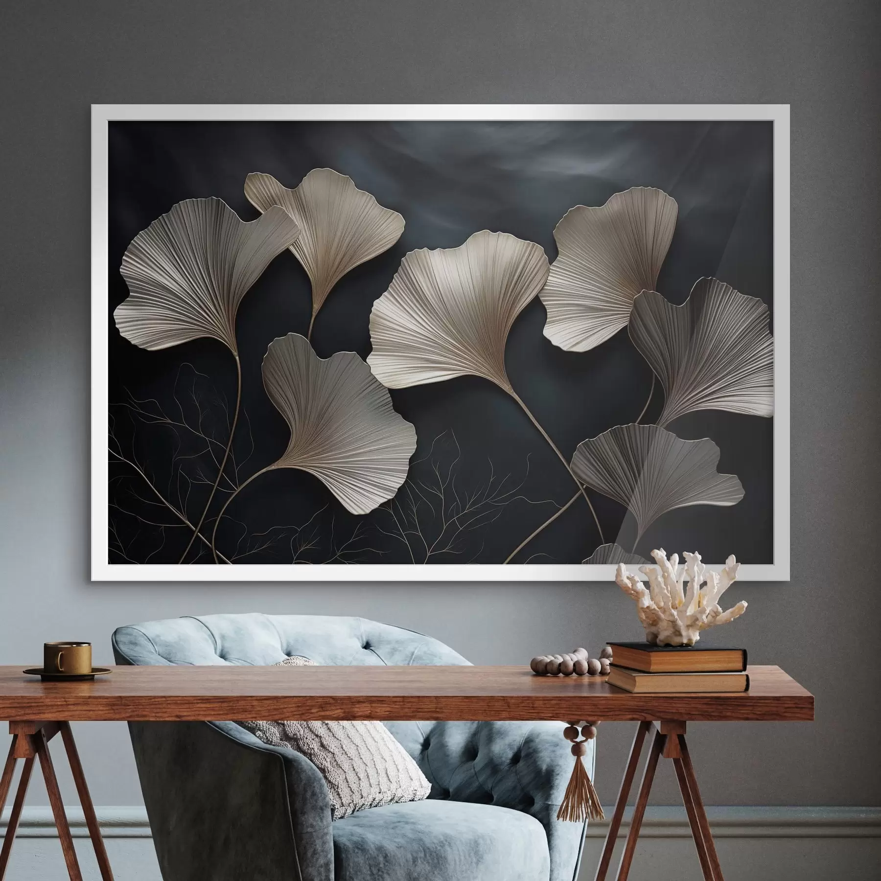 Papier peint Feuilles de ginkgo sur fond sombre f48008
