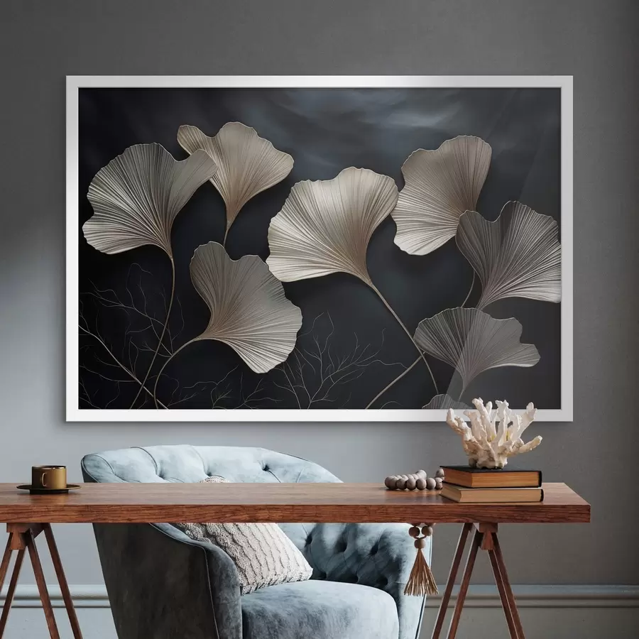 Papier peint Feuilles de ginkgo sur fond sombre f48008