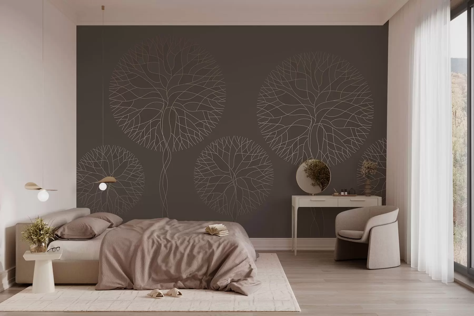 Papier peint Arbres fantastiques linéaires aux couronnes luxuriantes dans d'élégants tons moka w05213v1