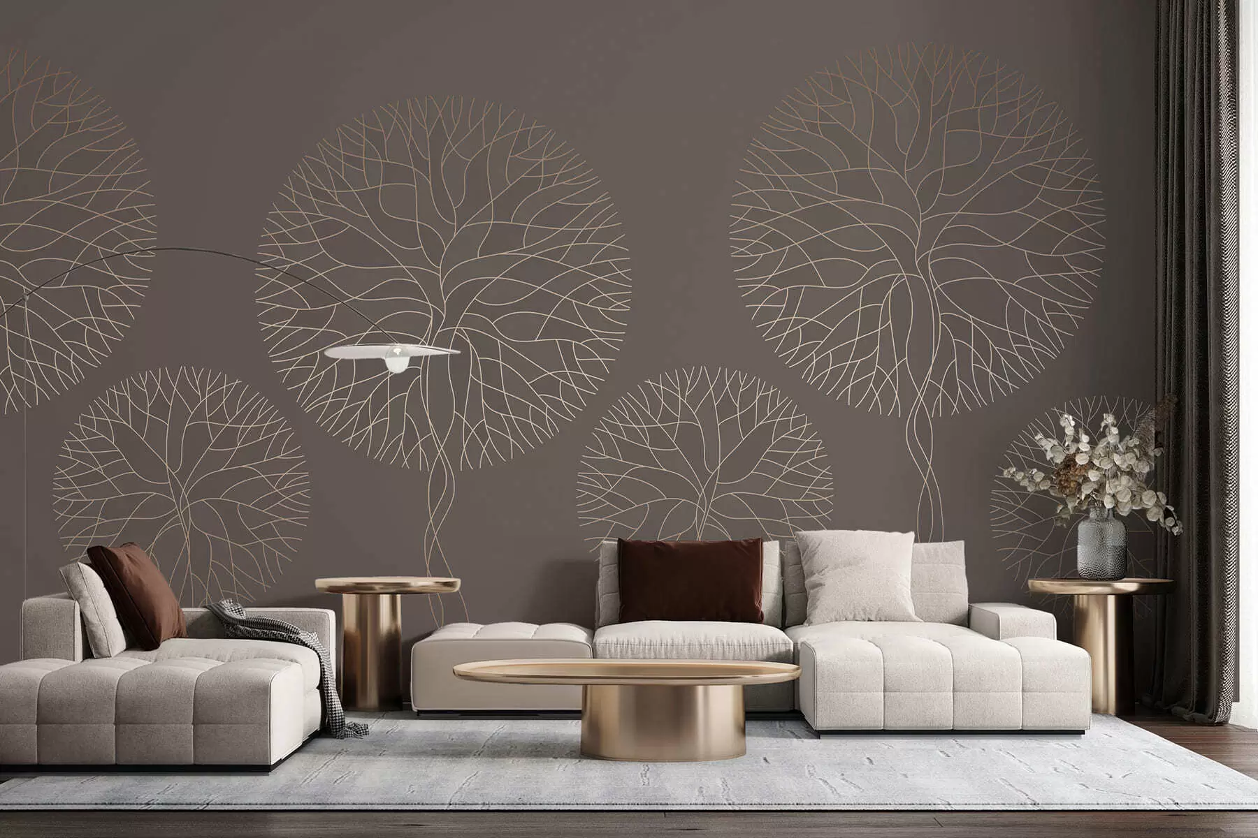 Papier peint Arbres fantastiques linéaires aux couronnes luxuriantes dans d'élégants tons moka w05213v1