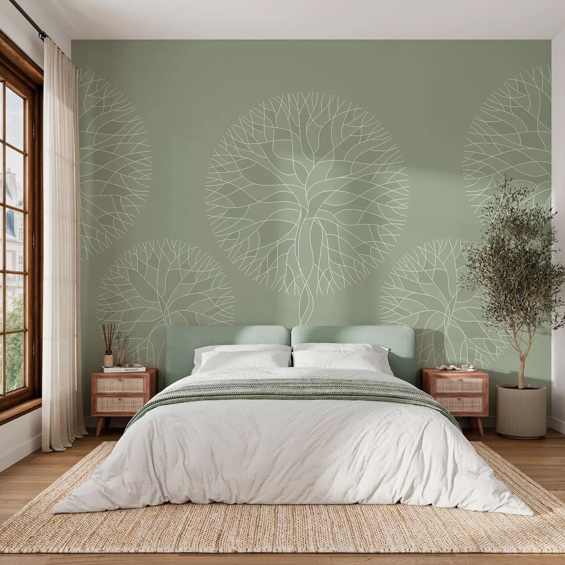 Papier peint Arbres fantaisistes linéaires aux couronnes luxuriantes dans des tons vert clair w05213v6