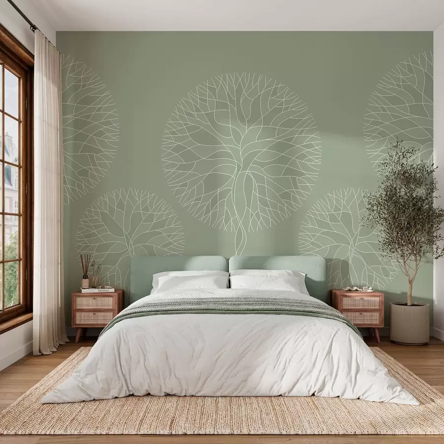 Papier peint Arbres fantaisistes linéaires aux couronnes luxuriantes dans des tons vert clair w05213v6