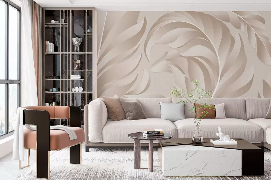 Papier peint grandes plumes texturées dans des tons beige et poudre w05231