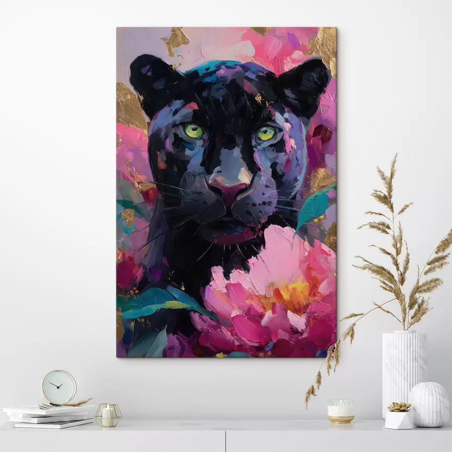 Tableau panthère noire parmi les pivoines s47935