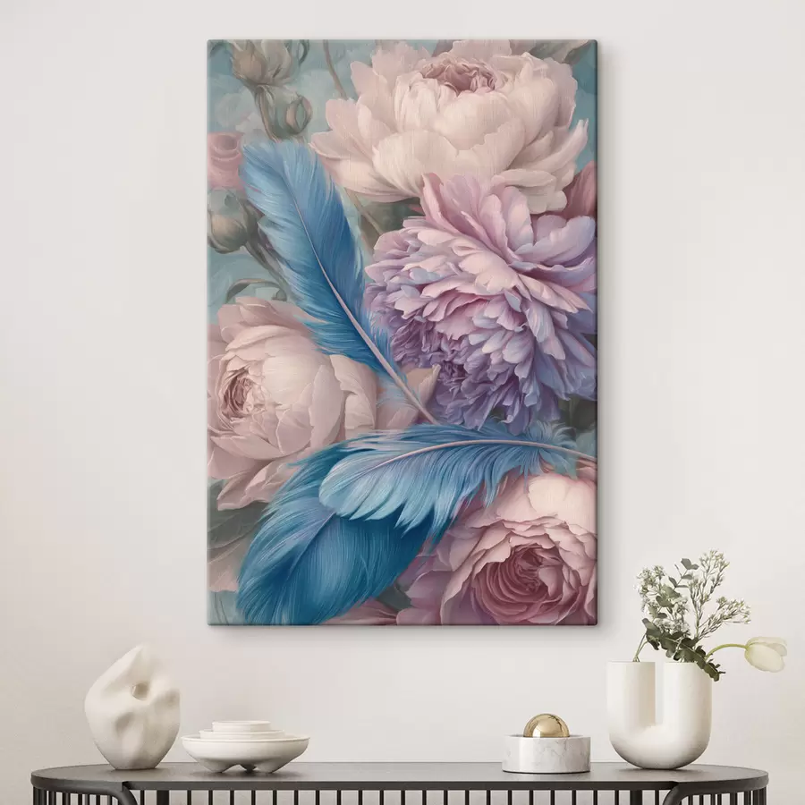 Tableau plumes parmi les pivoines s47939