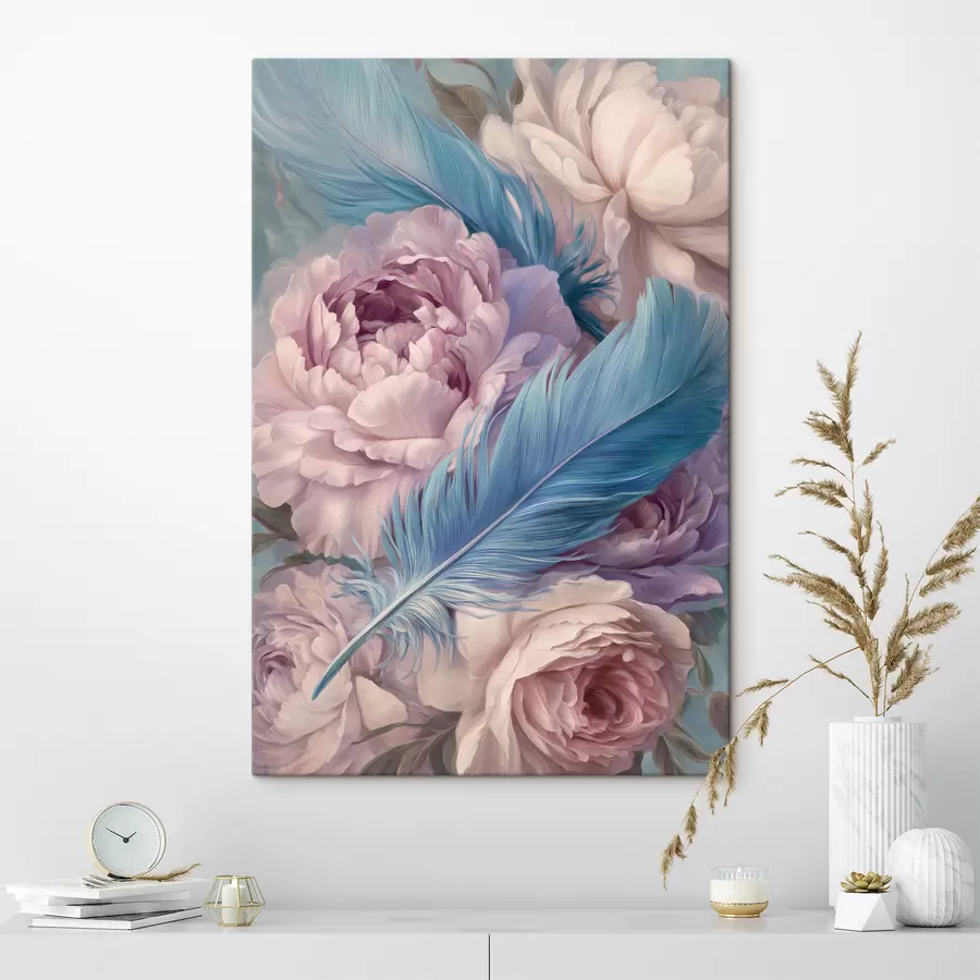 Tableau plumes parmi les pivoines s47940