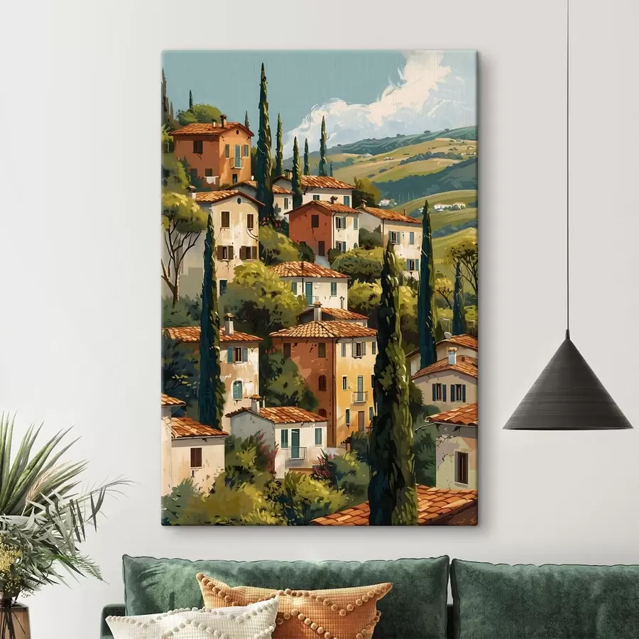 Tableau village méditerranéen à flanc de colline, maisons aux tons chauds empilées les unes sur les autres avec des toits en terre cuite s47950