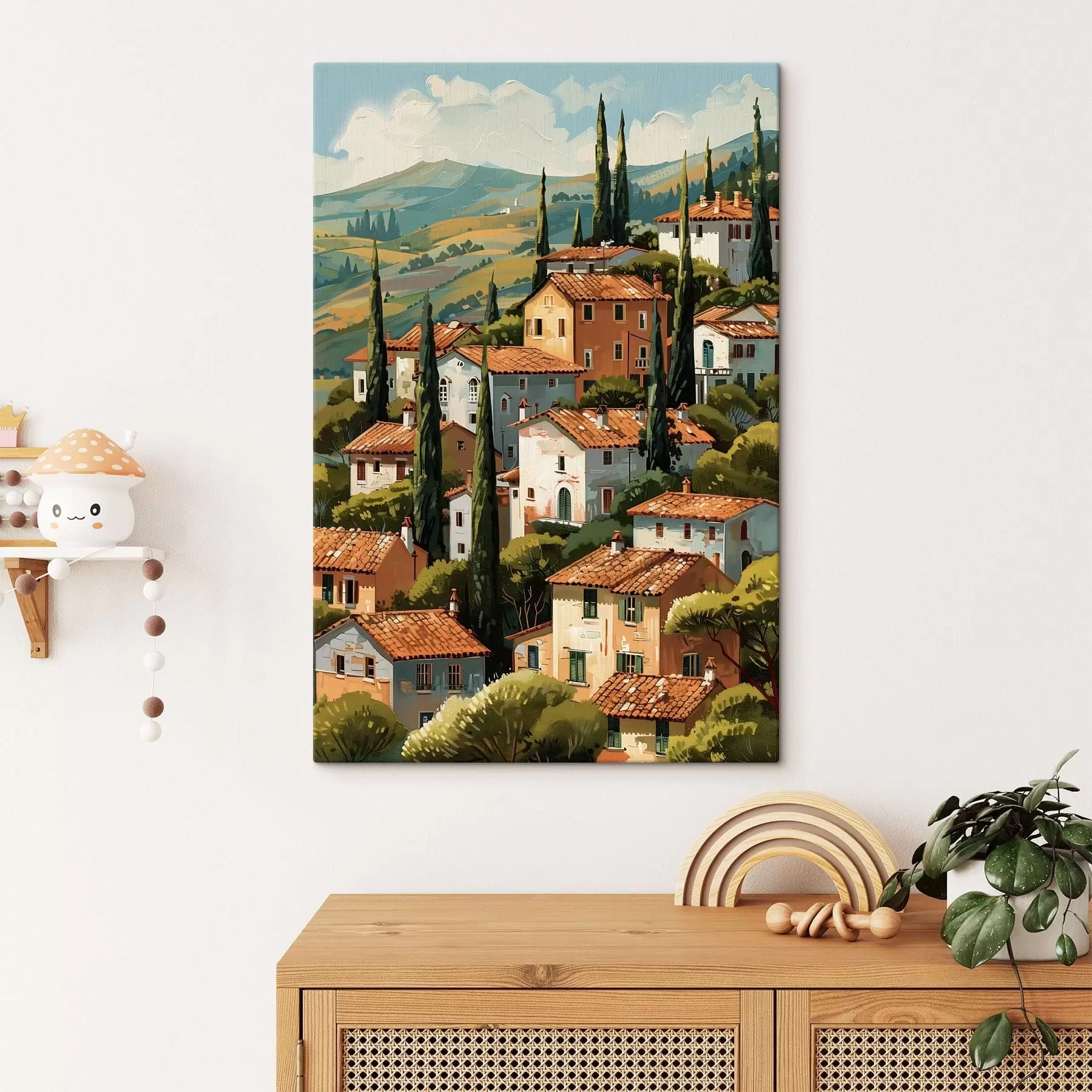 Papier peint village méditerranéen à flanc de colline, maisons aux tons chauds empilées les unes sur les autres avec des toits en terre cuite s47951