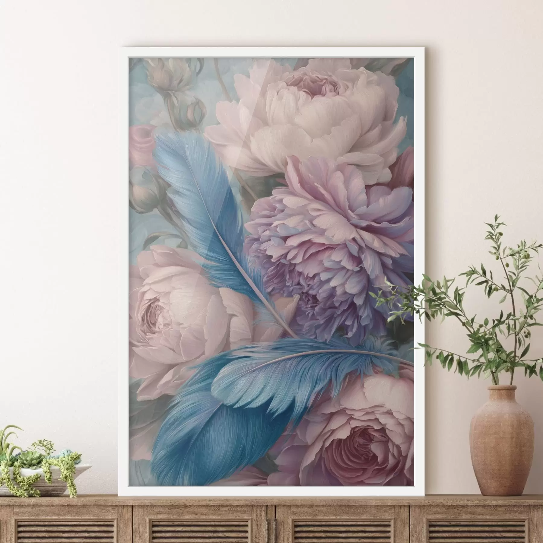 Papier peint plumes parmi les pivoines f47939