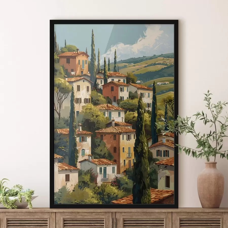 Papier peint village méditerranéen à flanc de colline, maisons aux tons chauds empilées les unes sur les autres avec des toits en terre cuite f47950