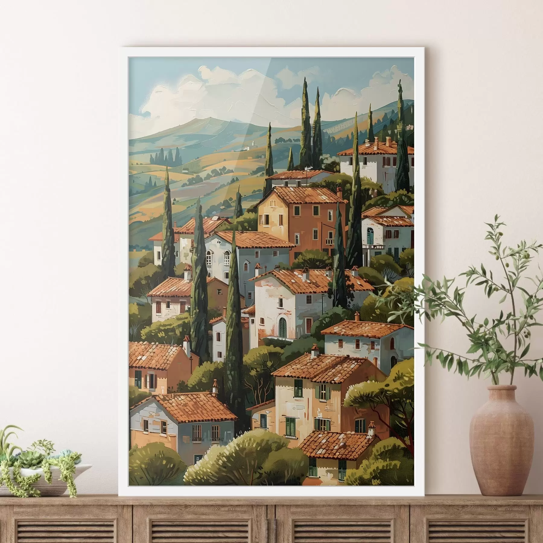 Papier peint village méditerranéen à flanc de colline, maisons aux tons chauds empilées les unes sur les autres avec des toits en terre cuite f47951