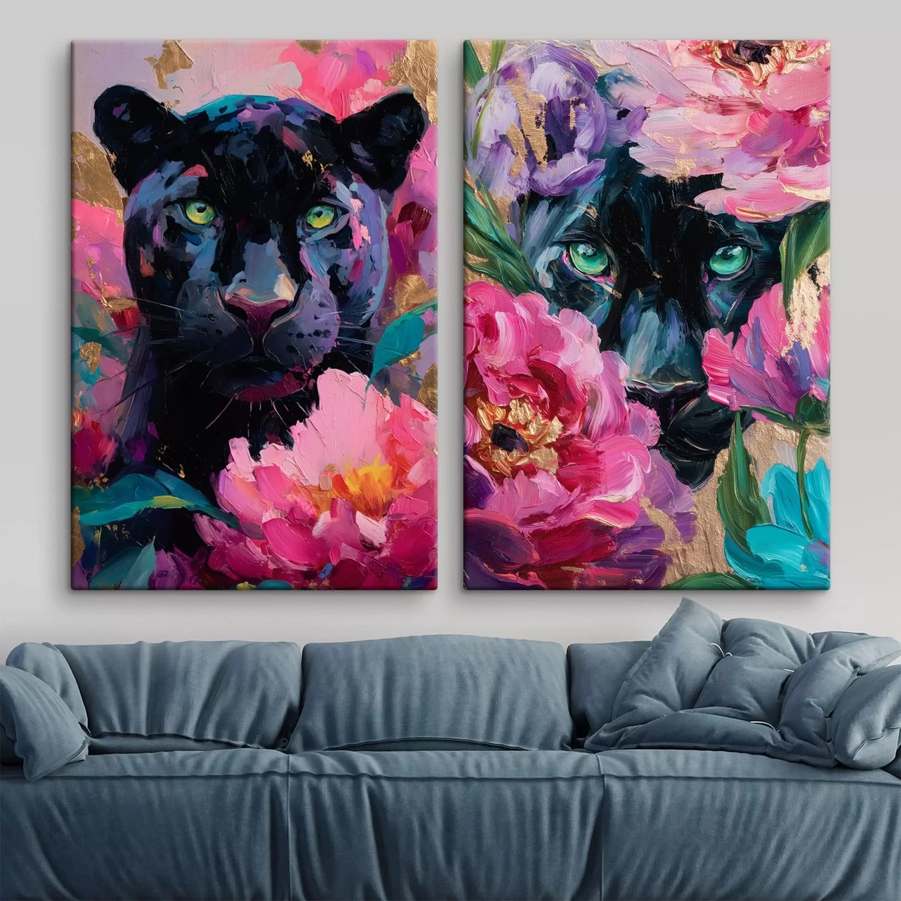 Tableau panthère noire parmi les pivoines m30090