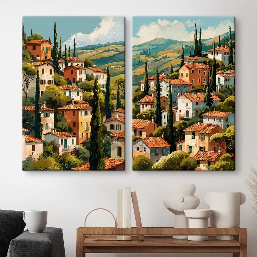 Papier peint village méditerranéen à flanc de colline, maisons aux tons chauds empilées les unes sur les autres avec des toits en terre cuite m30097