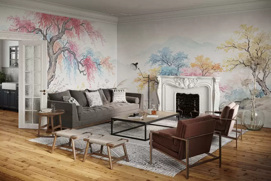 Papier peint Jardin coloré peint sur un mur en béton w05246