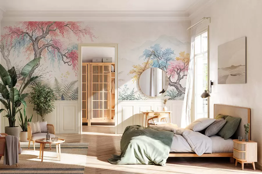 Papier peint Jardin coloré peint sur un mur en béton w05246