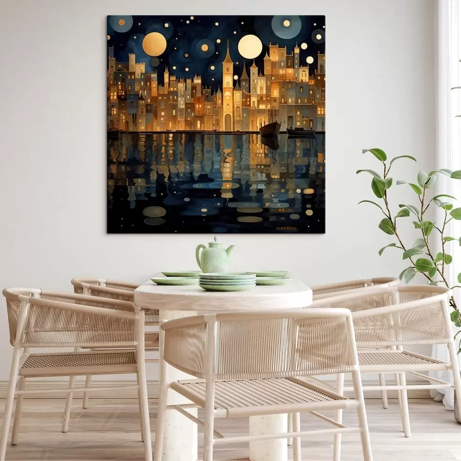 Tableau ville nocturne fantaisiste au bord de l'eau s48063