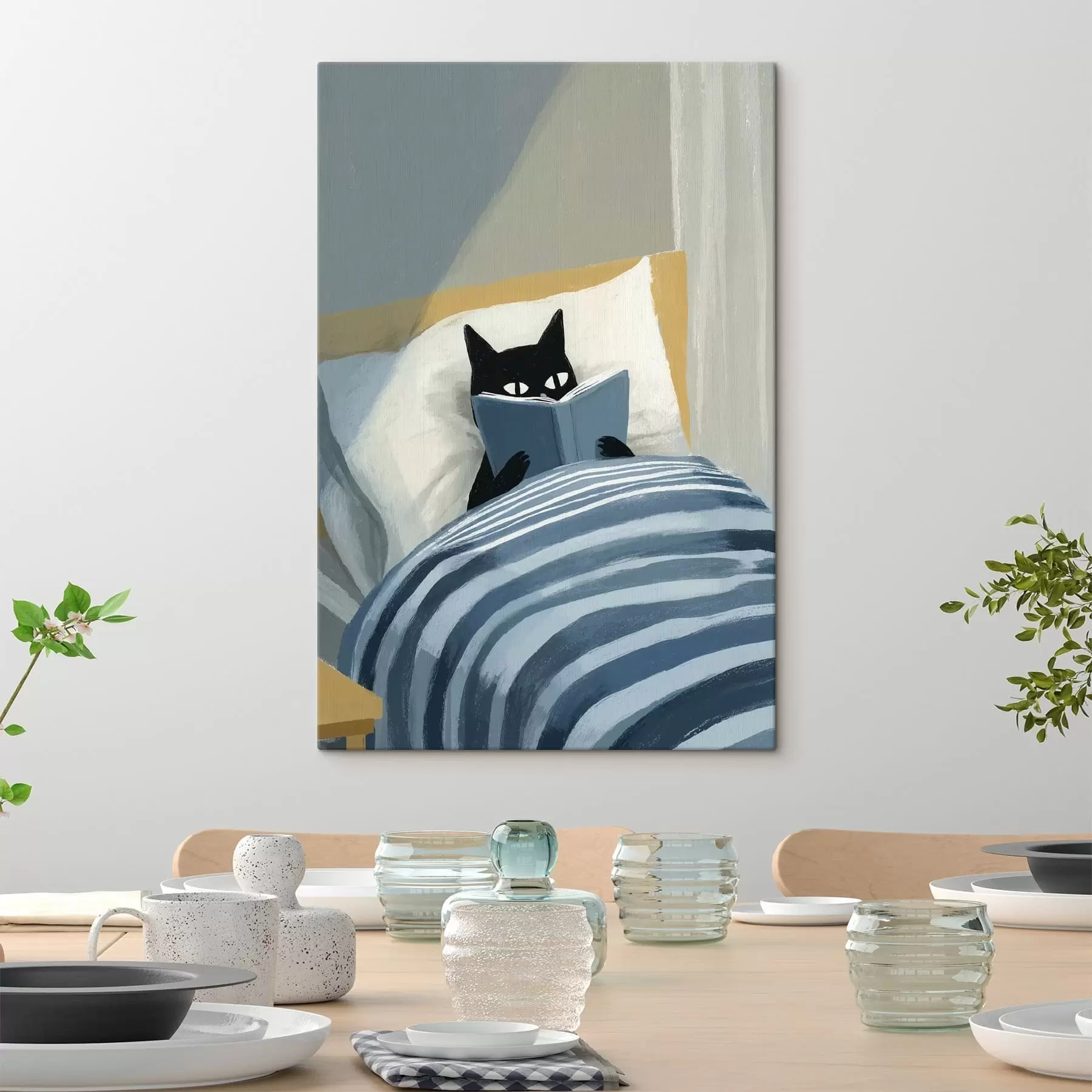 Tableau Illustration minimaliste d'un chat noir lisant un livre dans son lit. s48117